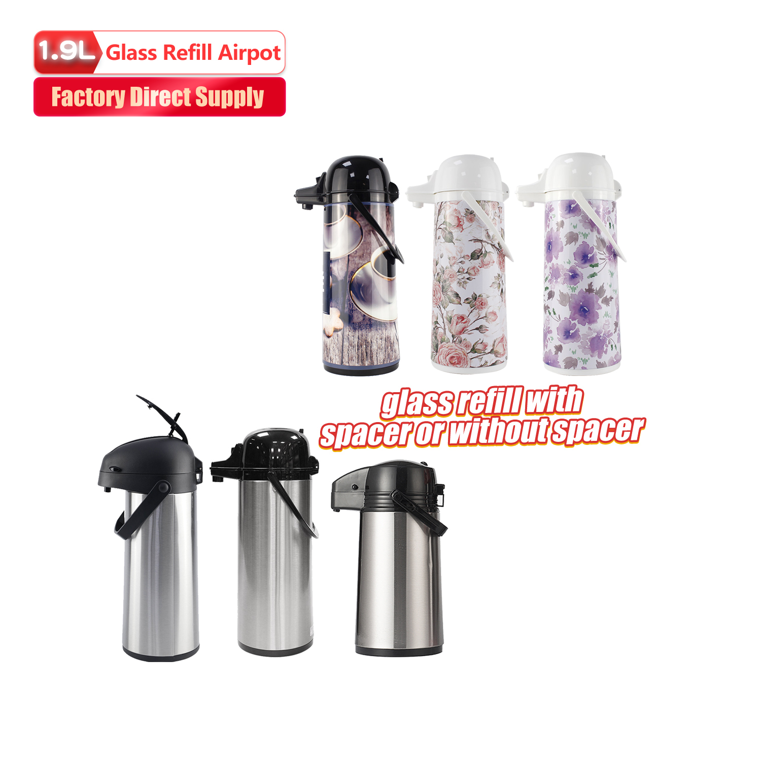 Wujo 1L 1.9L Umweltfreundliche Warmwasser-Kaffee-Glas-Luftpumpe-Thermos-Vakuumflasche